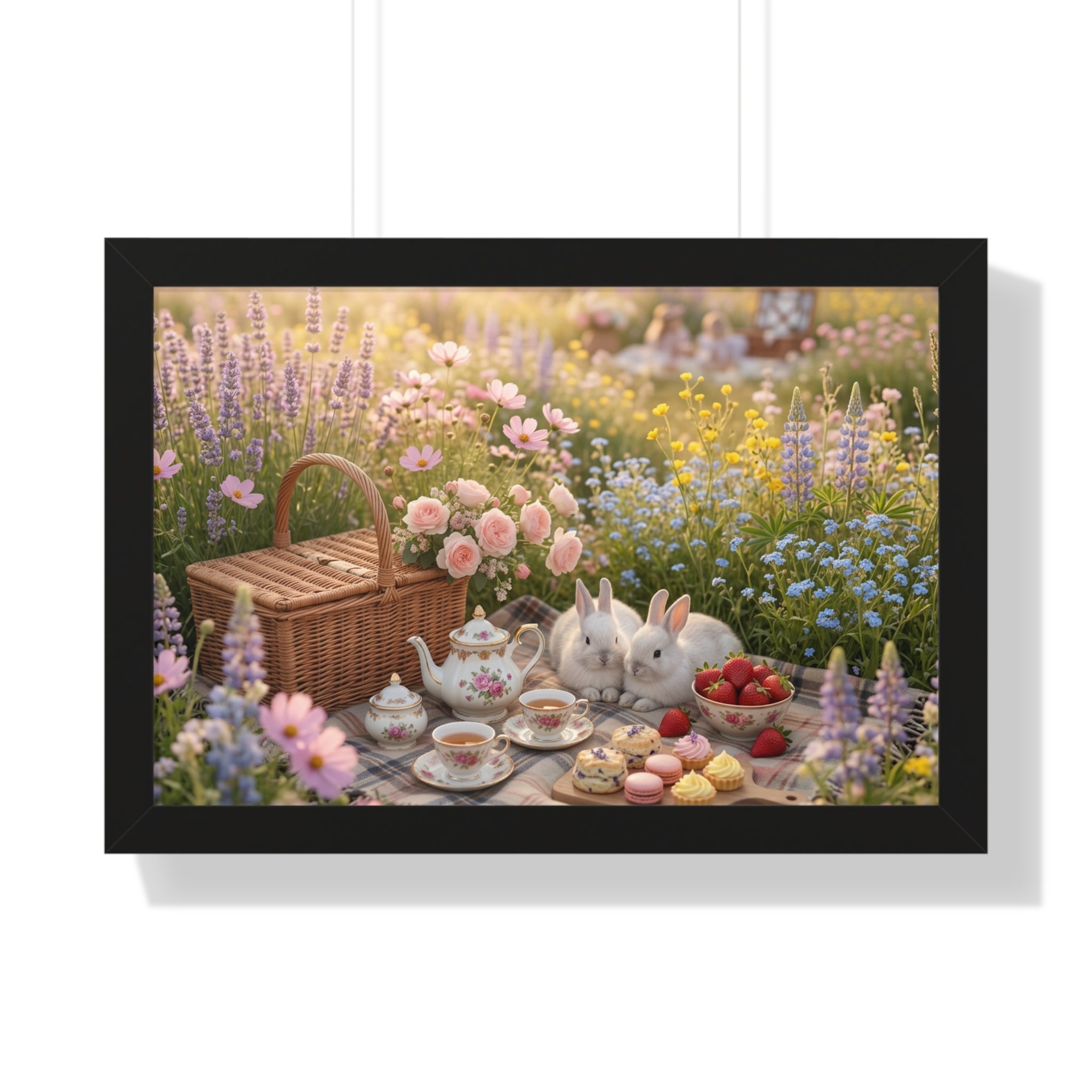 “Golden Meadow Picnic” Framed Poster: Pastel Meadow Picnic Wall Art | Soft Nature Bunny Aesthetic Print | Dreamy Cottagecore Deco
