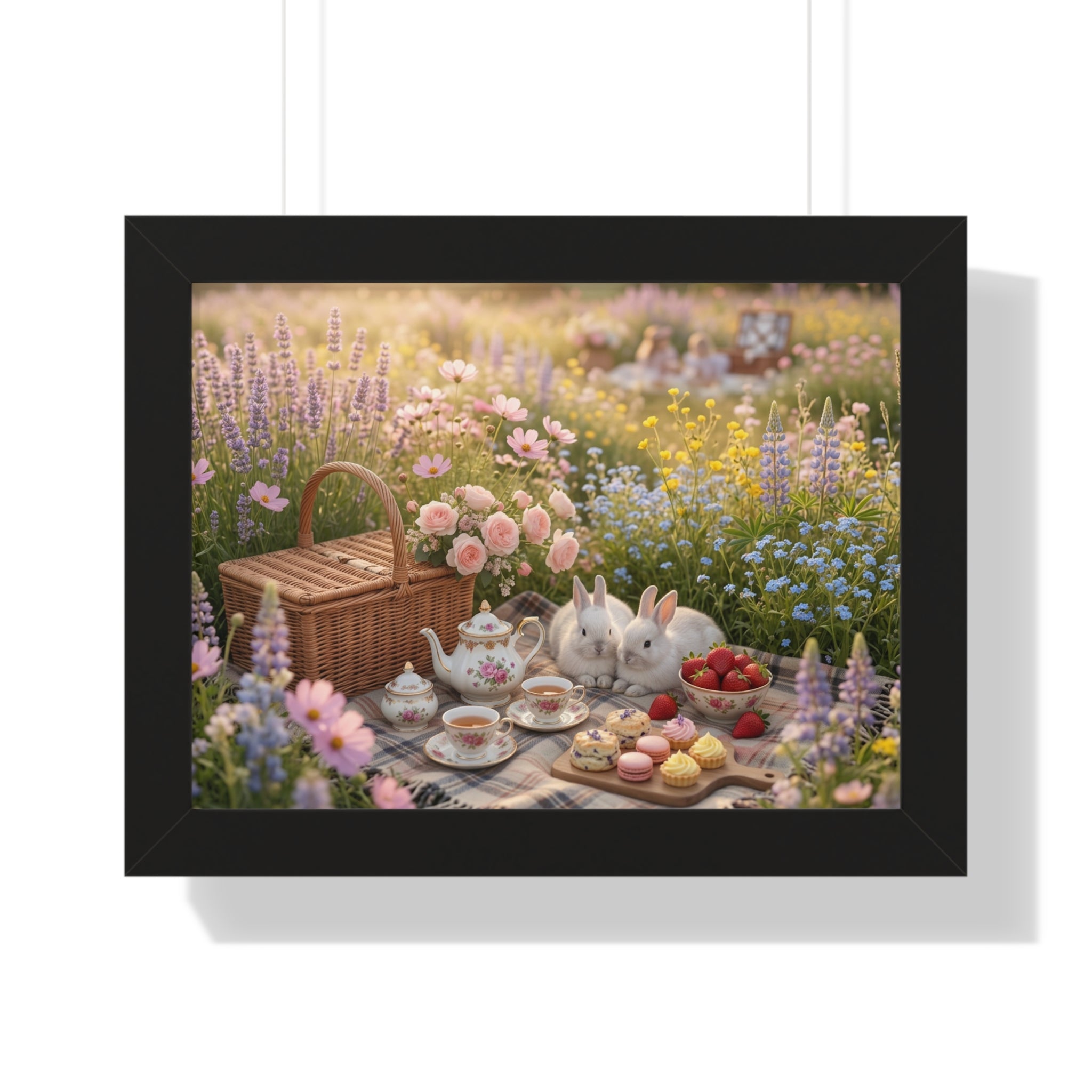 “Golden Meadow Picnic” Framed Poster: Pastel Meadow Picnic Wall Art | Soft Nature Bunny Aesthetic Print | Dreamy Cottagecore Deco