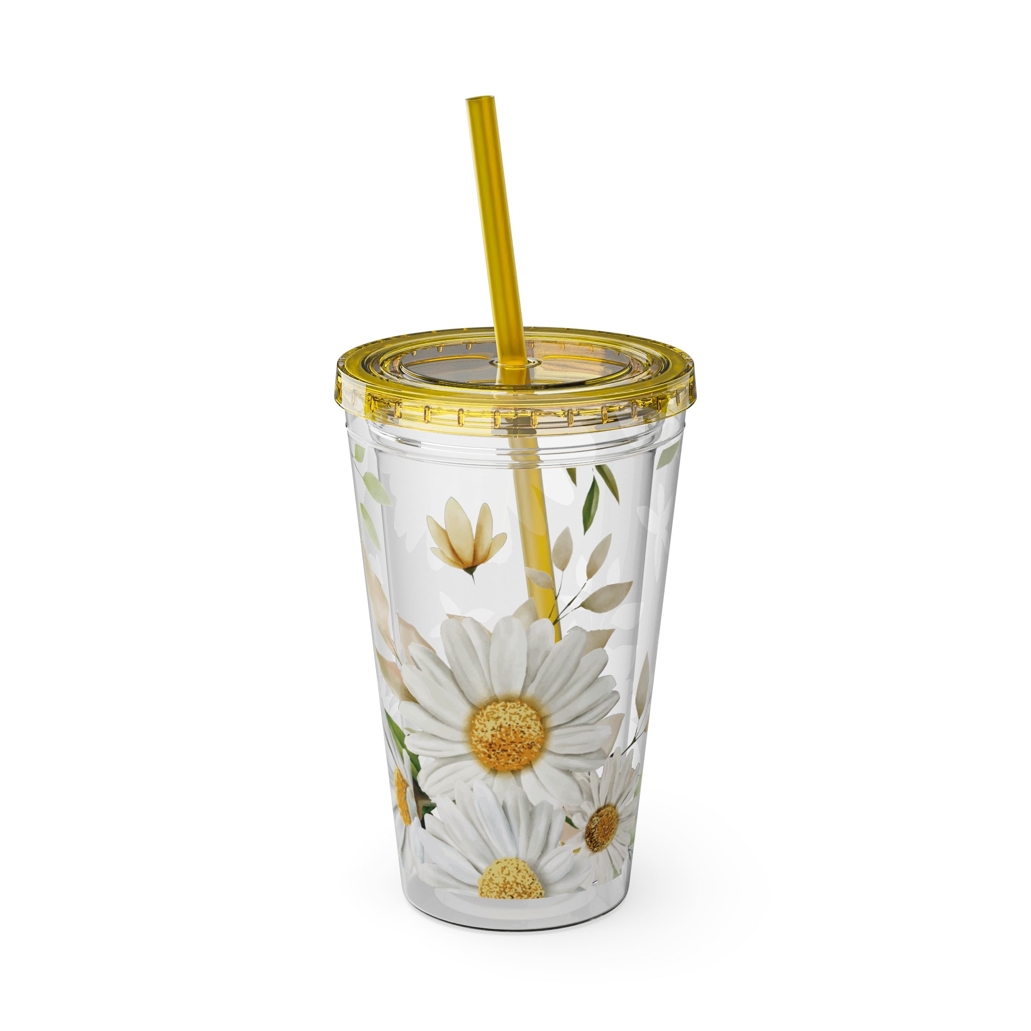 Daisy Floral 16oz Tumbler with Straw — Clear Sunlit Daisy Print