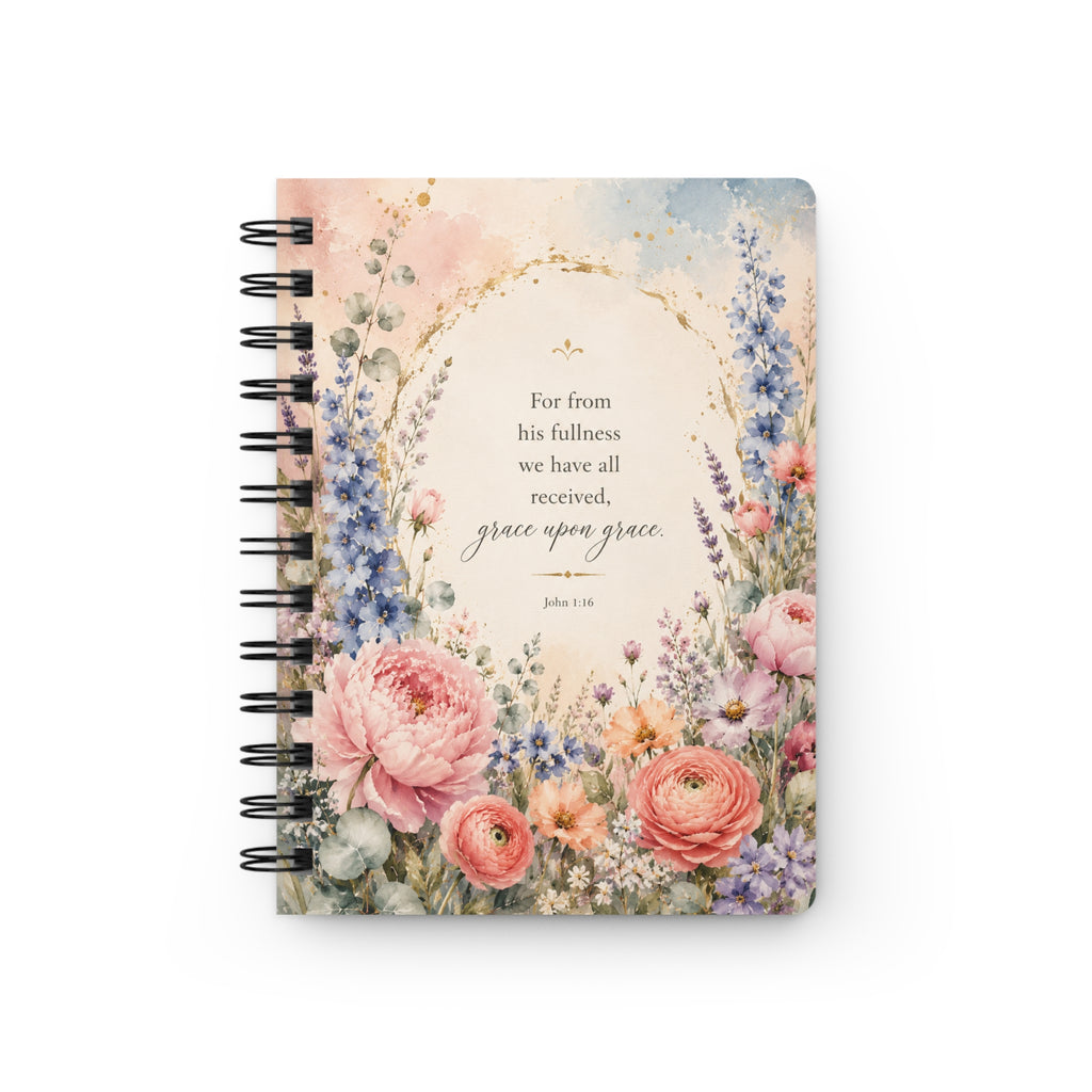 Floral Scripture Spiral Journal — "For from His fullness... grace upon grace"