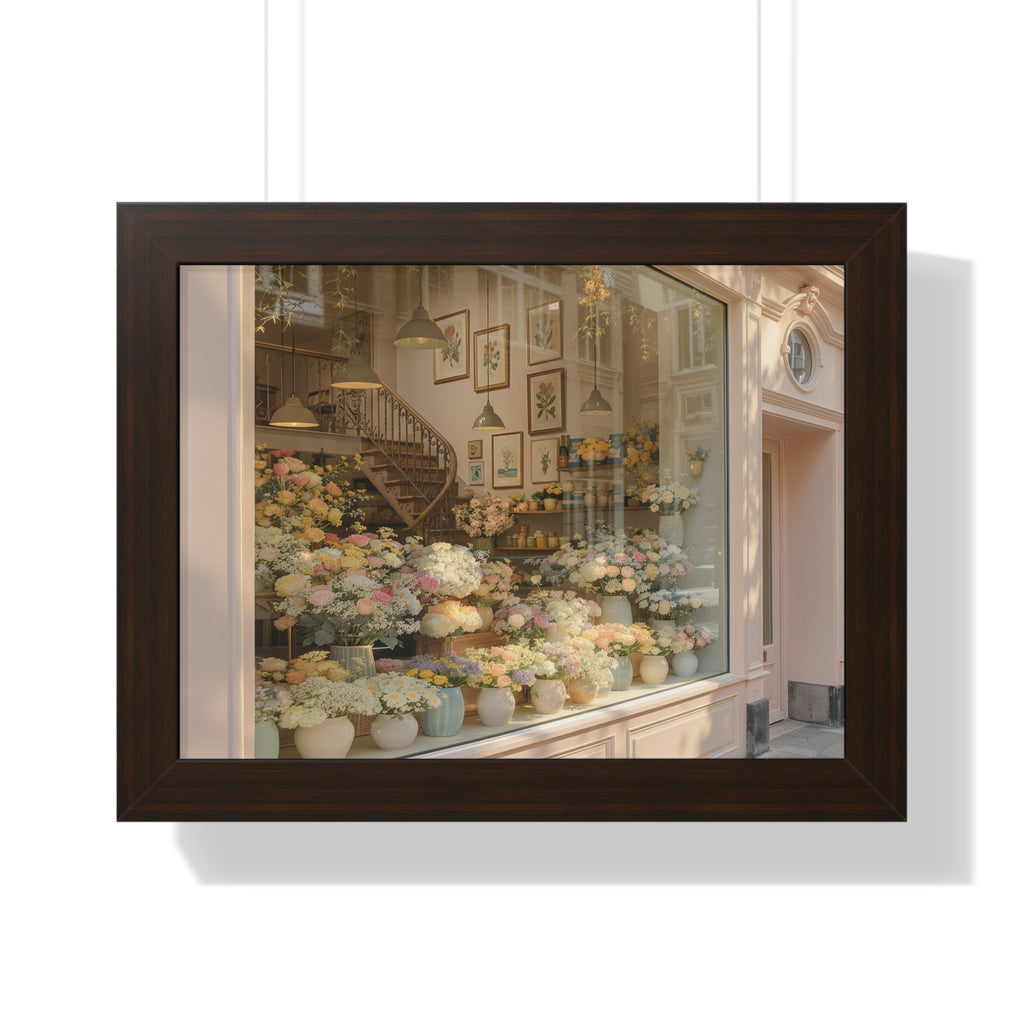 “Golden Hour Flower Boutique” Framed Poster: Pastel Flower Shop Wall Art | Soft Boutique Street Photography Print | Cozy European Aesthetic Decor