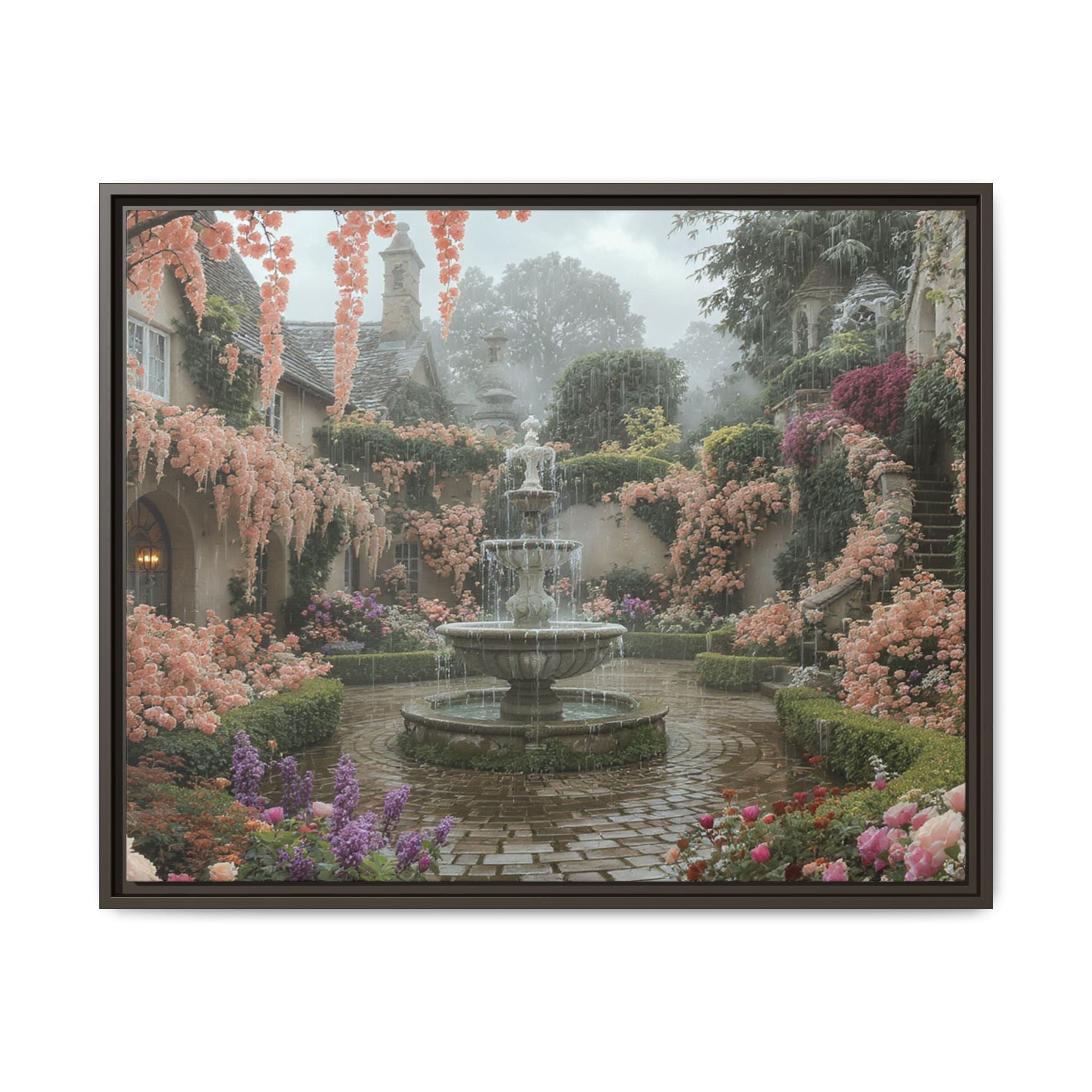 Mediterranean Garden Fountain Canvas — Framed Matte Wall Art