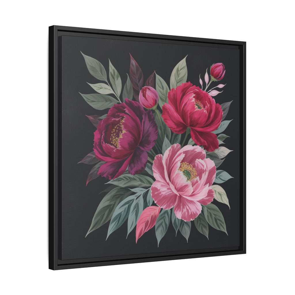 Framed Floral Canvas Print — Pink & Burgundy Peonies on Black