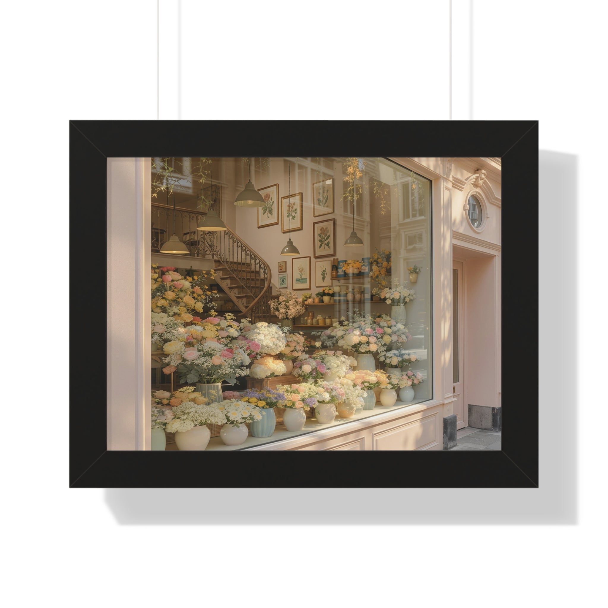“Golden Hour Flower Boutique” Framed Poster: Pastel Flower Shop Wall Art | Soft Boutique Street Photography Print | Cozy European Aesthetic Decor