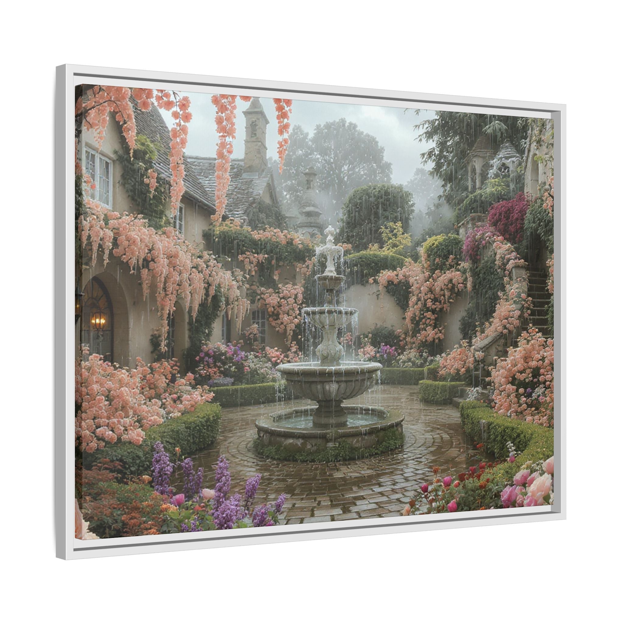 Mediterranean Garden Fountain Canvas — Framed Matte Wall Art