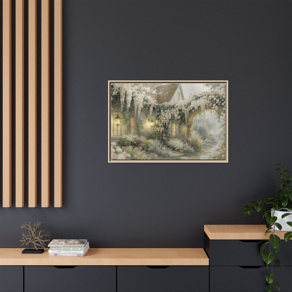 Framed Matte Canvas Print – Cottage Garden Pathway in Soft Floral Hues