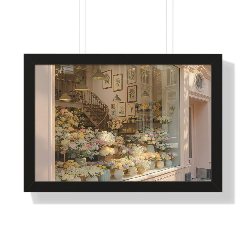“Golden Hour Flower Boutique” Framed Poster: Pastel Flower Shop Wall Art | Soft Boutique Street Photography Print | Cozy European Aesthetic Decor