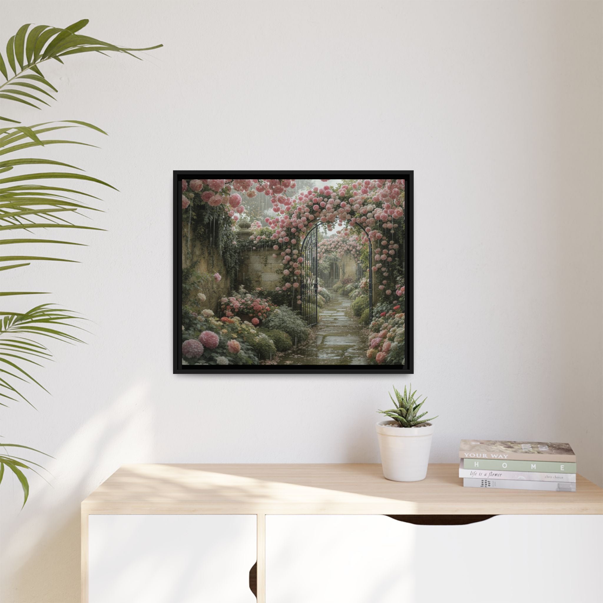Framed Canvas Print – Secret Garden Archway Floral Landscape
