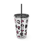 Heart Leopard 16oz Tumbler with Straw — Pink & Black Animal Print Cold Cup