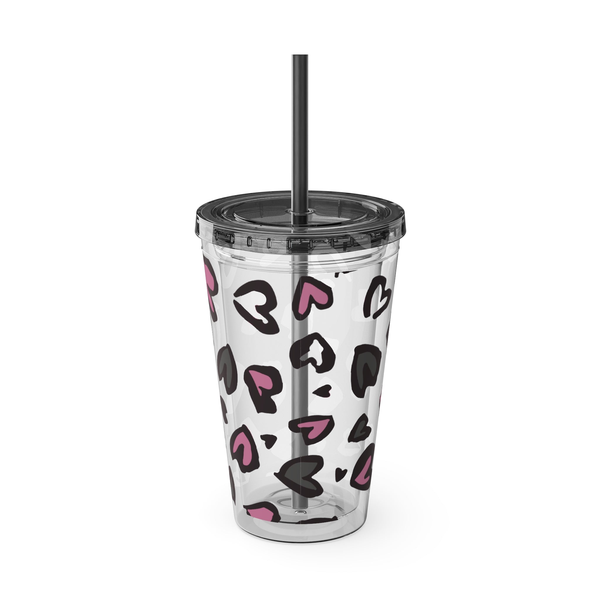 Heart Leopard 16oz Tumbler with Straw — Pink & Black Animal Print Cold Cup