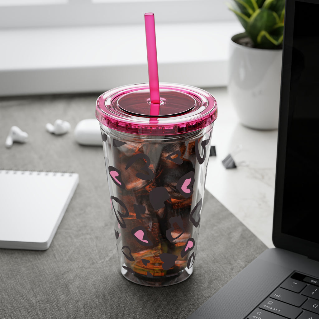 Heart Leopard 16oz Tumbler with Straw — Pink & Black Animal Print Cold Cup