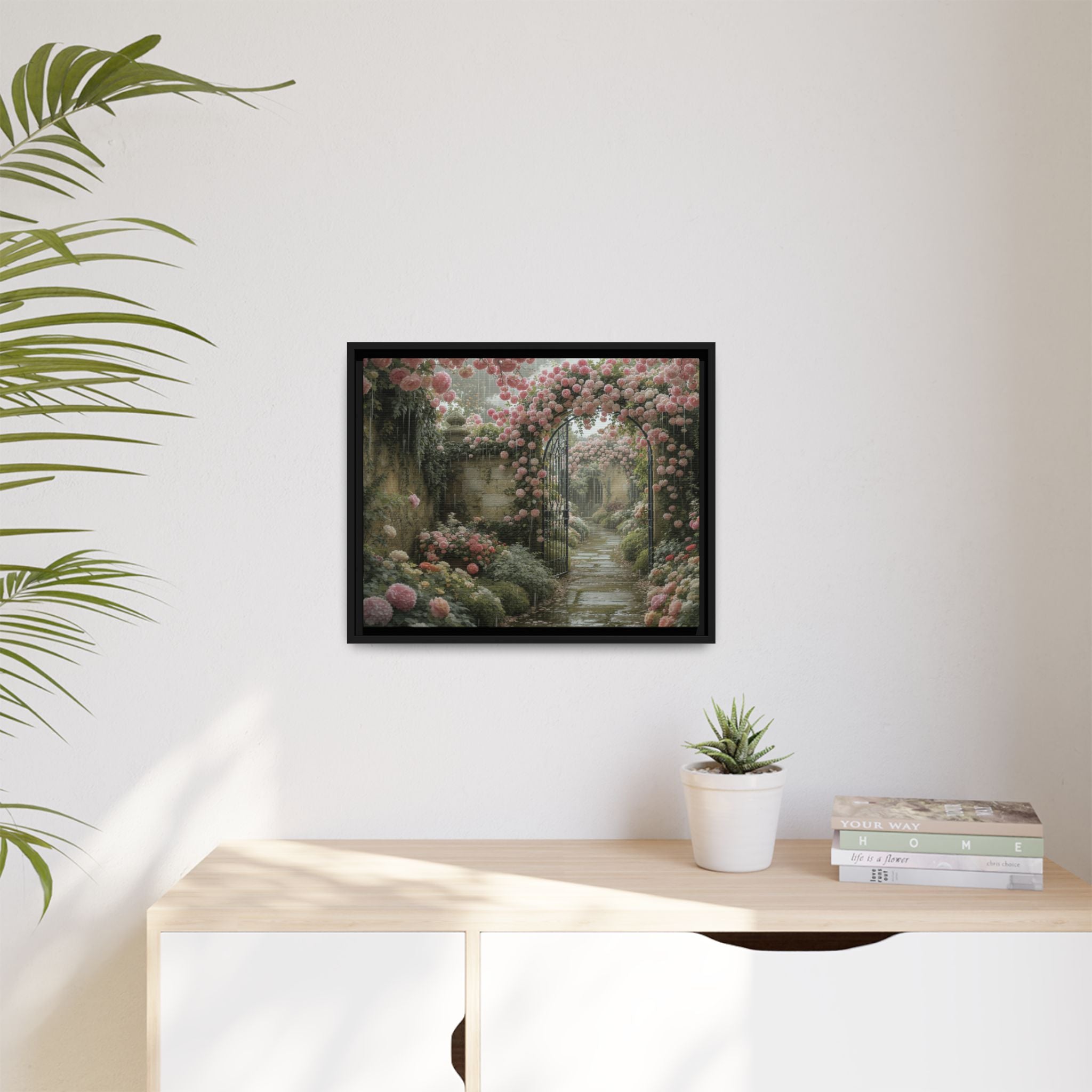 Framed Canvas Print – Secret Garden Archway Floral Landscape