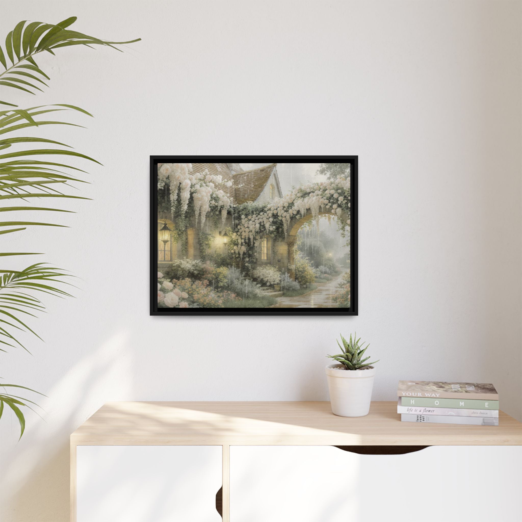 Framed Matte Canvas Print – Cottage Garden Pathway in Soft Floral Hues