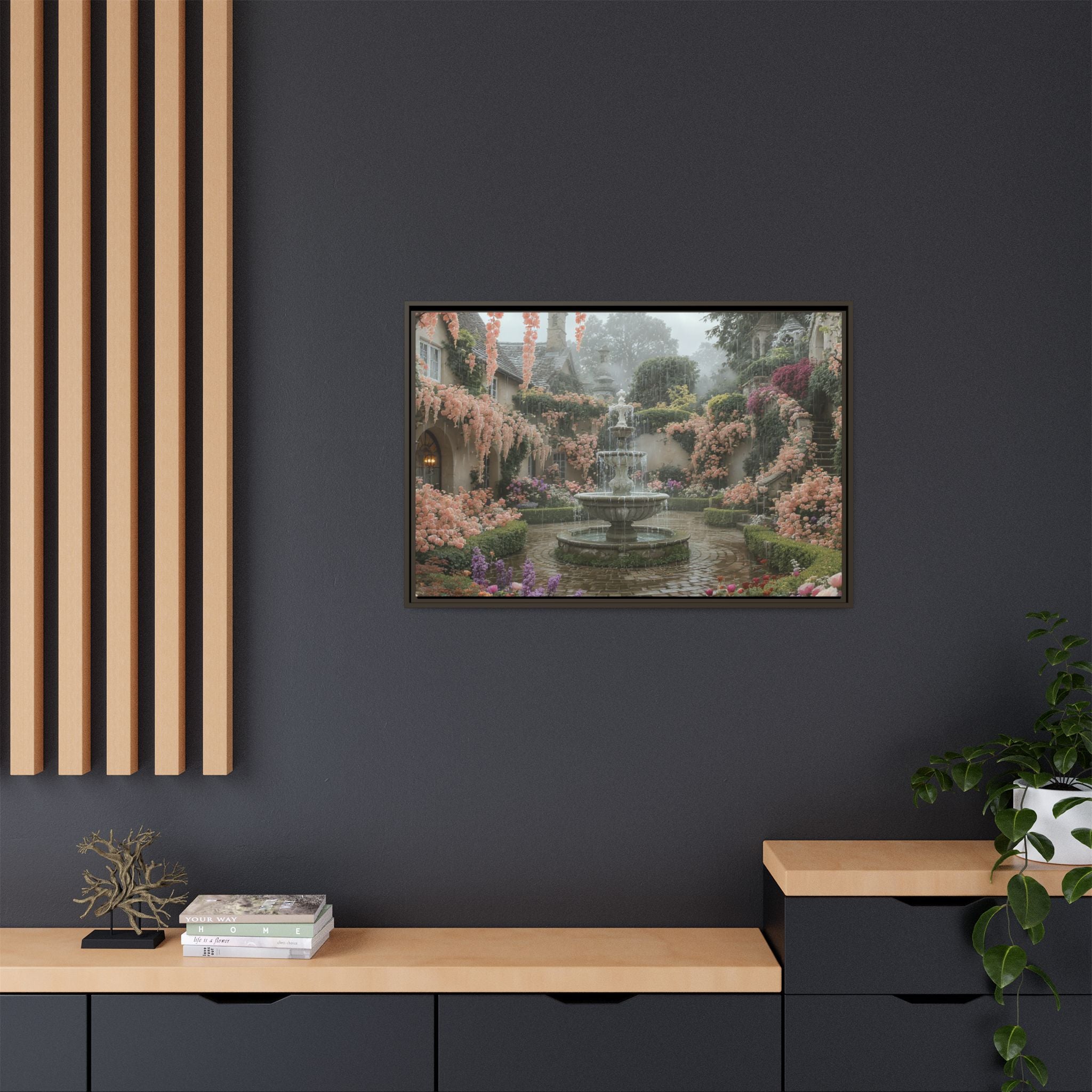Mediterranean Garden Fountain Canvas — Framed Matte Wall Art