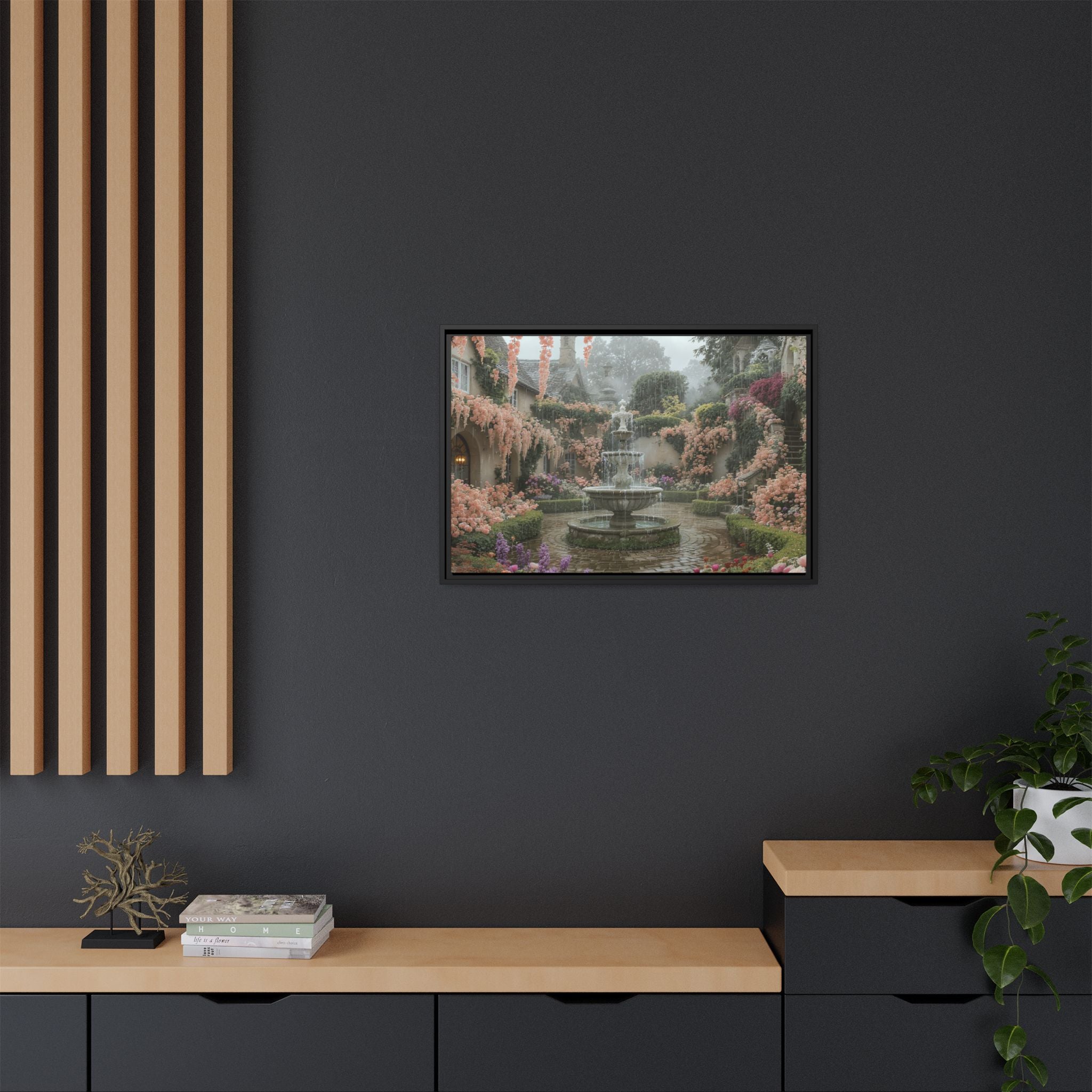 Mediterranean Garden Fountain Canvas — Framed Matte Wall Art