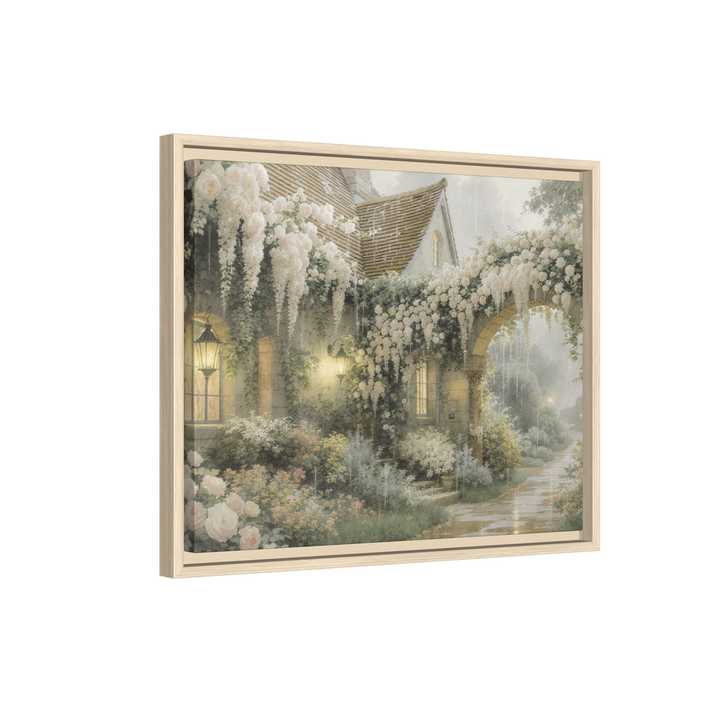 Framed Matte Canvas Print – Cottage Garden Pathway in Soft Floral Hues