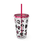 Heart Leopard 16oz Tumbler with Straw — Pink & Black Animal Print Cold Cup