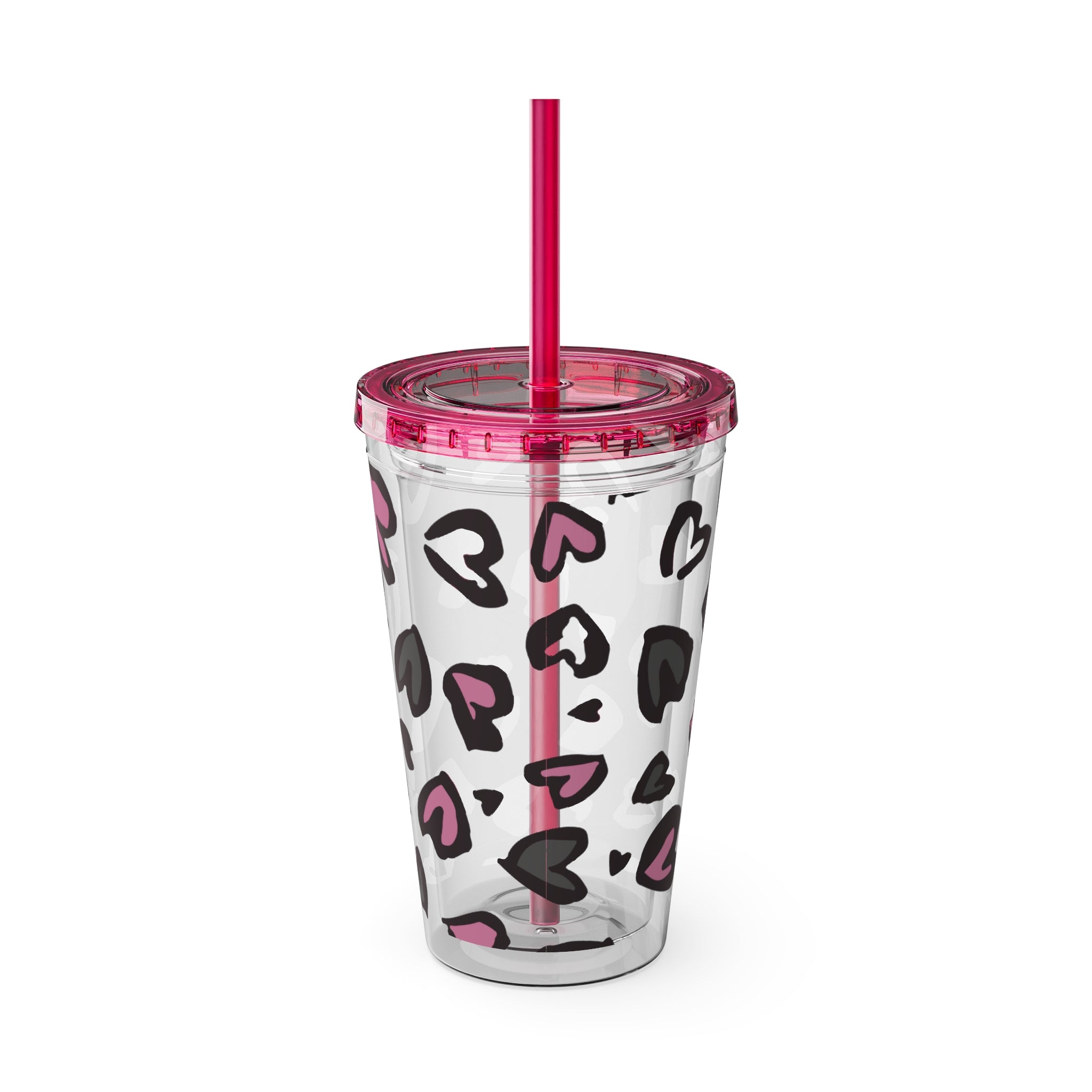 Heart Leopard 16oz Tumbler with Straw — Pink & Black Animal Print Cold Cup