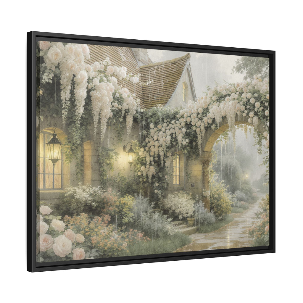 Framed Matte Canvas Print – Cottage Garden Pathway in Soft Floral Hues