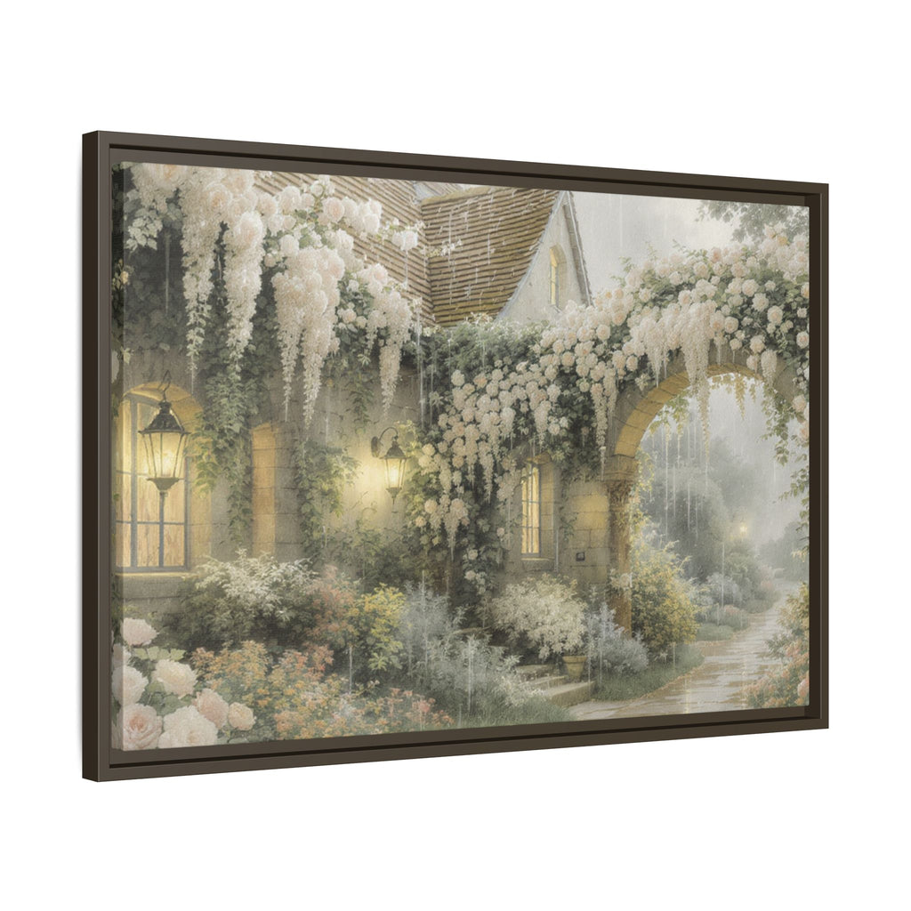 Framed Matte Canvas Print – Cottage Garden Pathway in Soft Floral Hues