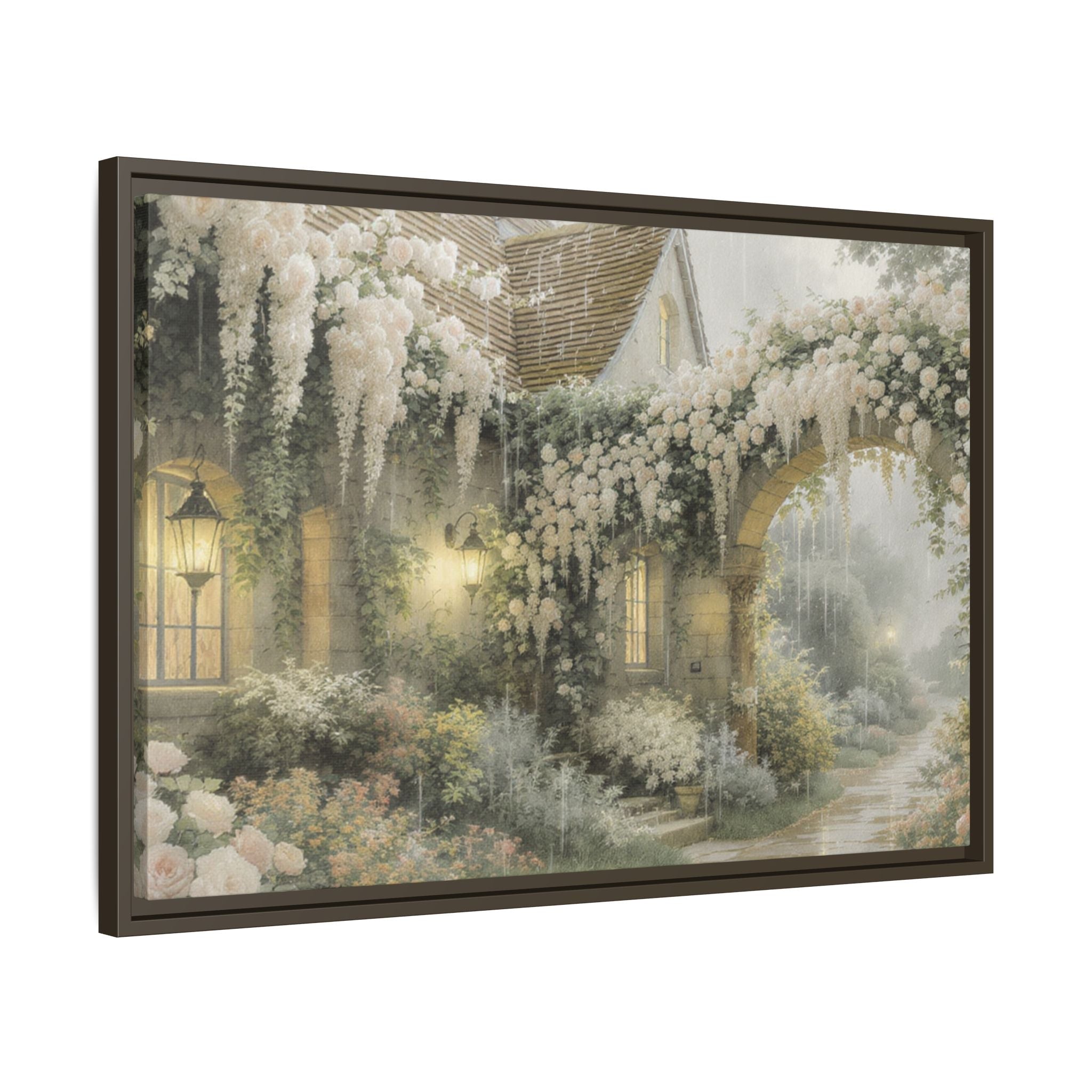 Framed Matte Canvas Print – Cottage Garden Pathway in Soft Floral Hues