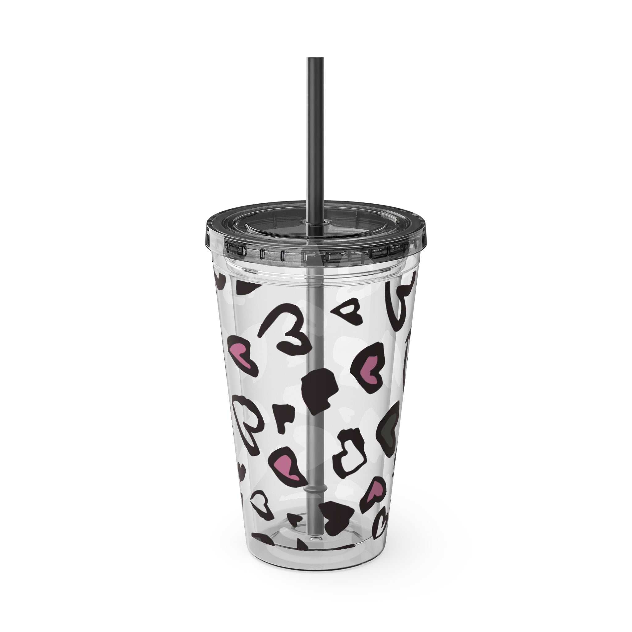 Heart Leopard 16oz Tumbler with Straw — Pink & Black Animal Print Cold Cup