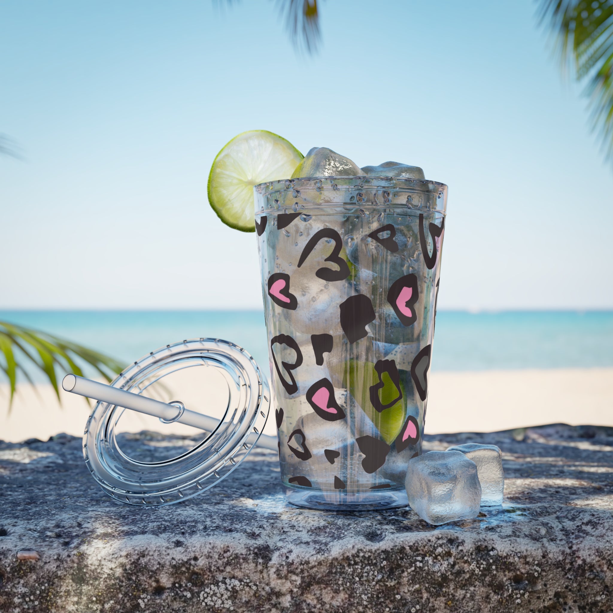 Heart Leopard 16oz Tumbler with Straw — Pink & Black Animal Print Cold Cup