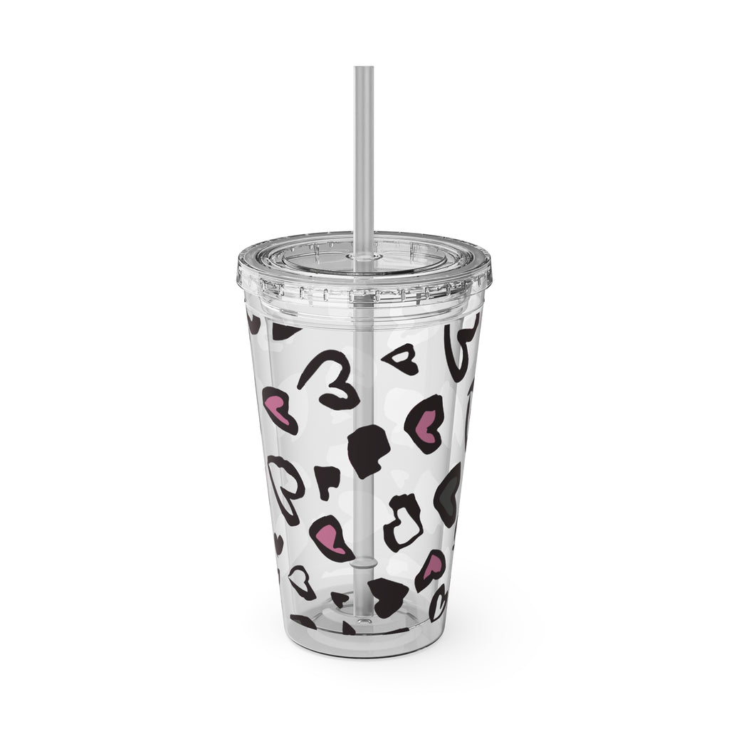 Heart Leopard 16oz Tumbler with Straw — Pink & Black Animal Print Cold Cup