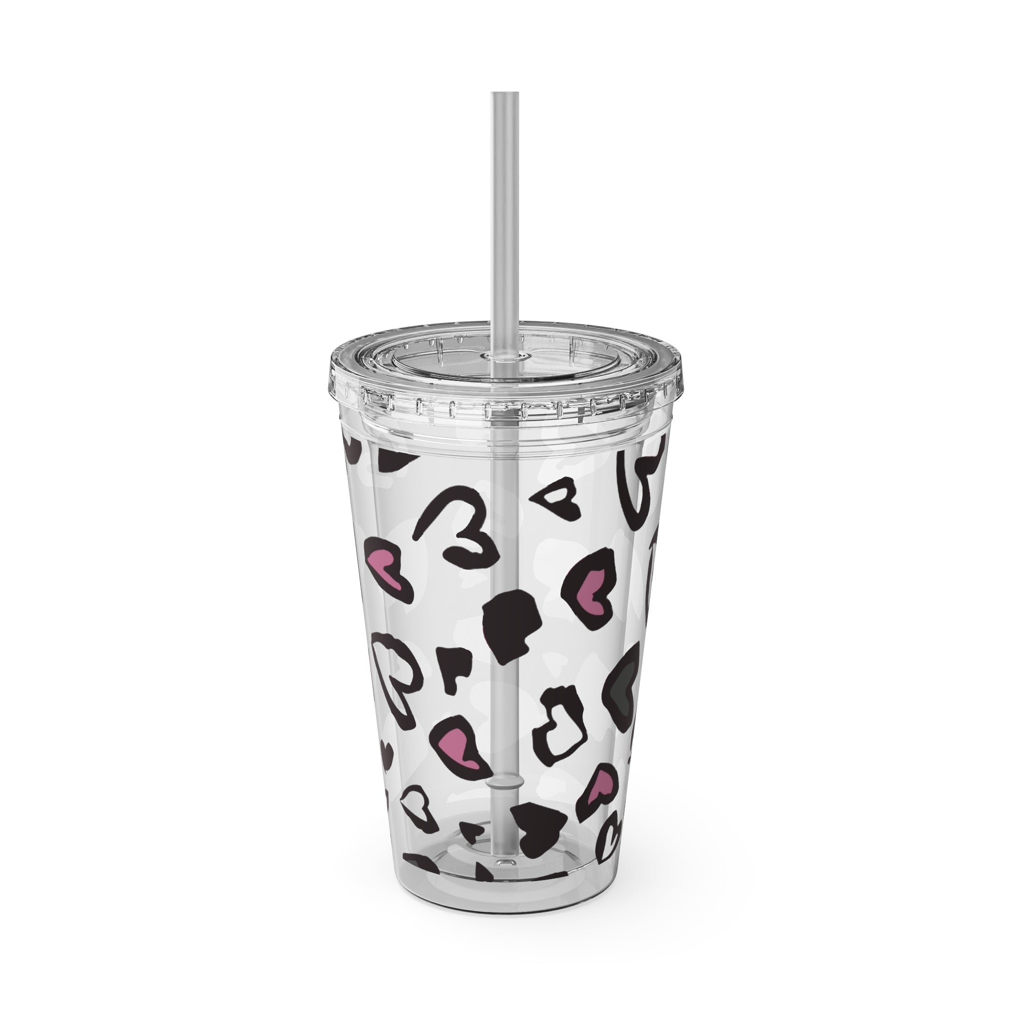 Heart Leopard 16oz Tumbler with Straw — Pink & Black Animal Print Cold Cup