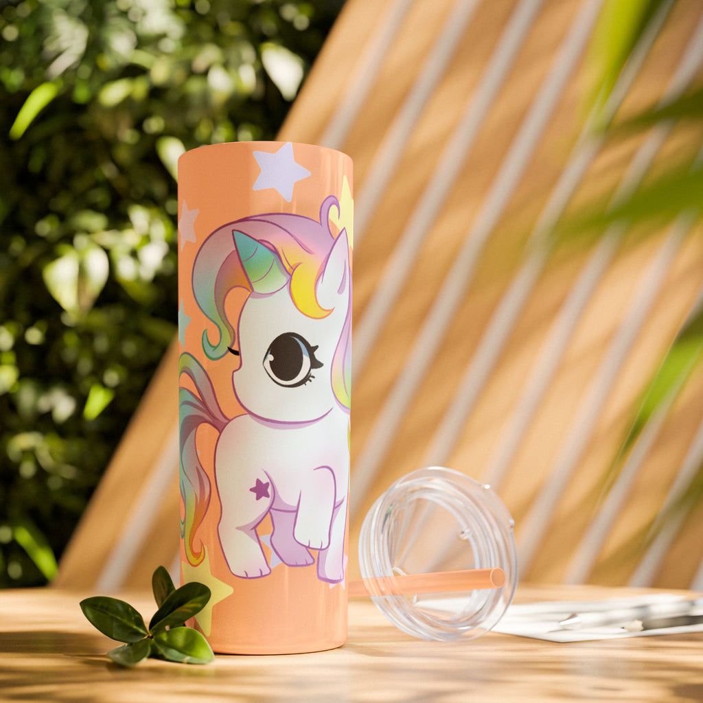 Unicorn Skinny Tumbler 20oz — Cute Pastel Rainbow Unicorn with Straw