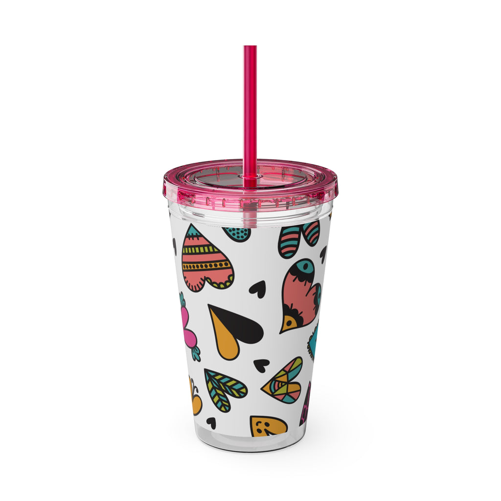 16oz Heart Pattern Tumbler with Straw — Colorful Doodle Hearts Travel Cup
