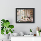 “Afternoon Café Stillness” Framed Poster: Cozy Pastel Café Wall Art | Hygge Coffee Shop Interior Print | Soft Luxury Home Decor