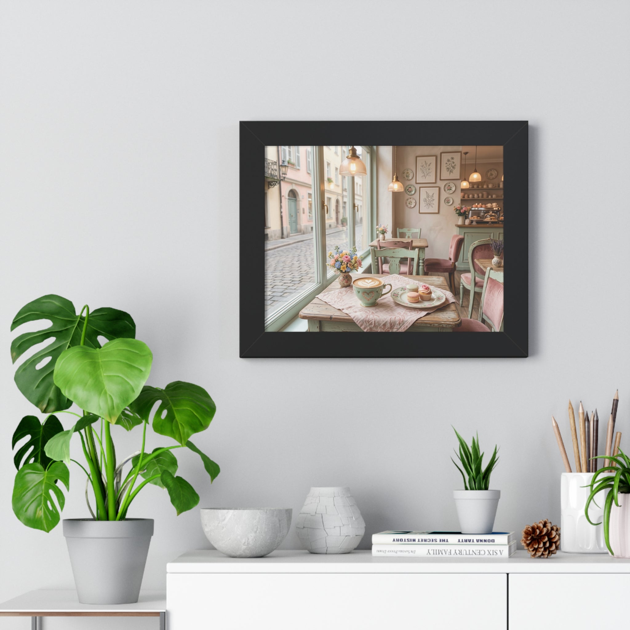 “Afternoon Café Stillness” Framed Poster: Cozy Pastel Café Wall Art | Hygge Coffee Shop Interior Print | Soft Luxury Home Decor