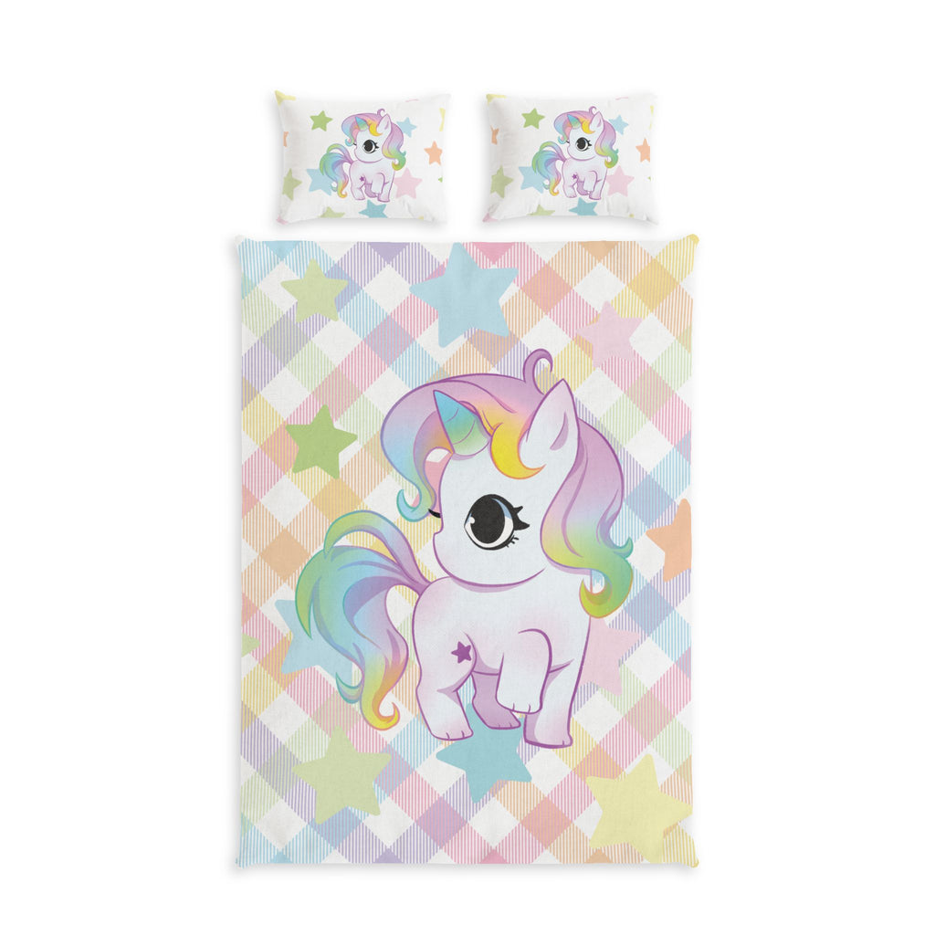 Unicorn Cotton Bed Set — Pastel Plaid Kids Duvet with Cute Rainbow Unicorn