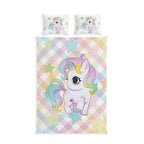 Unicorn Cotton Bed Set — Pastel Plaid Kids Duvet with Cute Rainbow Unicorn