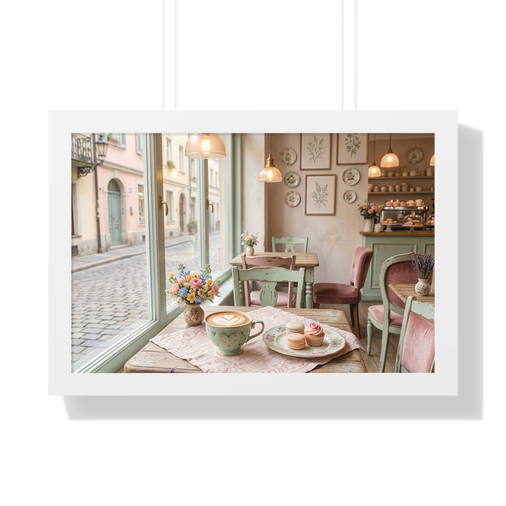 “Afternoon Café Stillness” Framed Poster: Cozy Pastel Café Wall Art | Hygge Coffee Shop Interior Print | Soft Luxury Home Decor