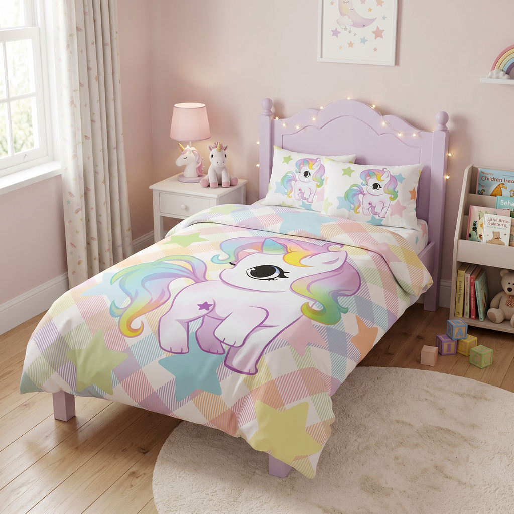 Children's room with a unicorn-themed bedspread on a pink bed.