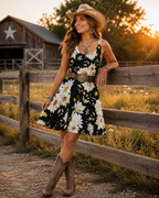 Daisy Floral Skater Dress — Black White Garden Print