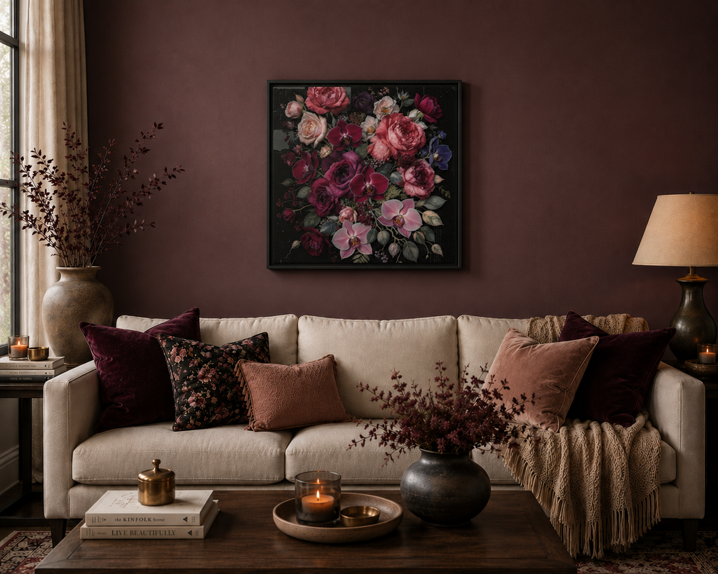 Framed Floral Canvas Print — Dark Romantic Bouquet Wall Art