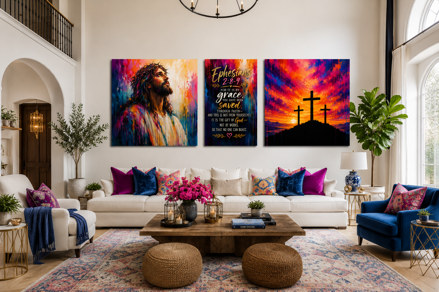 Grace in Color™ – Three Crosses at Sunset | Contemporary Christian Canvas