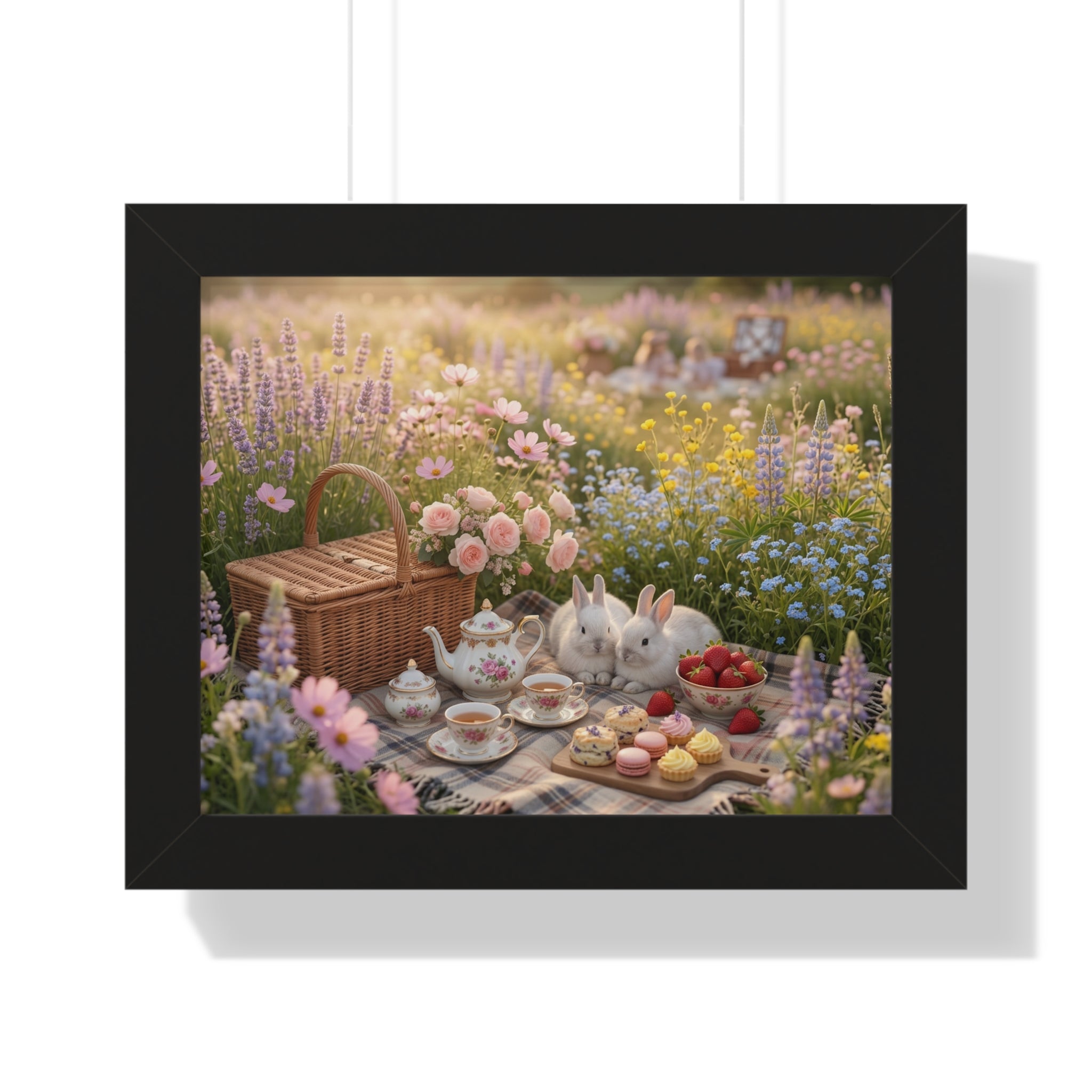 “Golden Meadow Picnic” Framed Poster: Pastel Meadow Picnic Wall Art | Soft Nature Bunny Aesthetic Print | Dreamy Cottagecore Deco