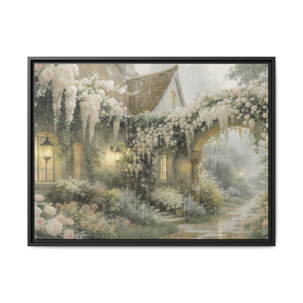 Framed Matte Canvas Print – Cottage Garden Pathway in Soft Floral Hues