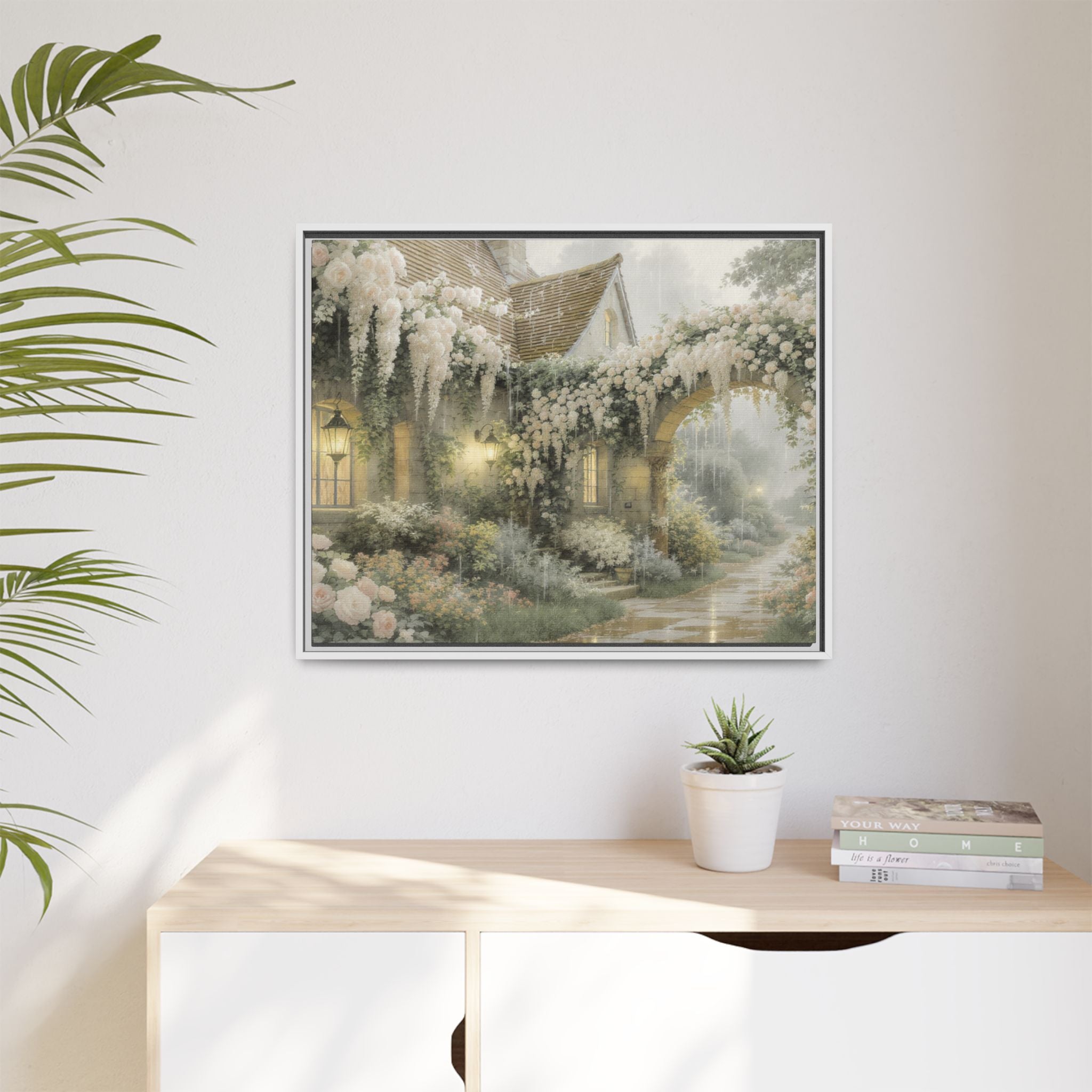 Framed Matte Canvas Print – Cottage Garden Pathway in Soft Floral Hues