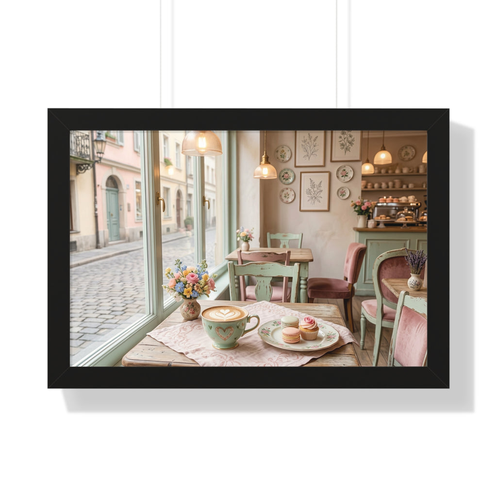 “Afternoon Café Stillness” Framed Poster: Cozy Pastel Café Wall Art | Hygge Coffee Shop Interior Print | Soft Luxury Home Decor