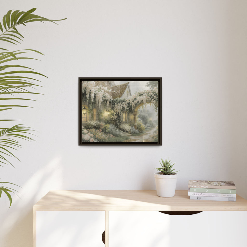 Framed Matte Canvas Print – Cottage Garden Pathway in Soft Floral Hues