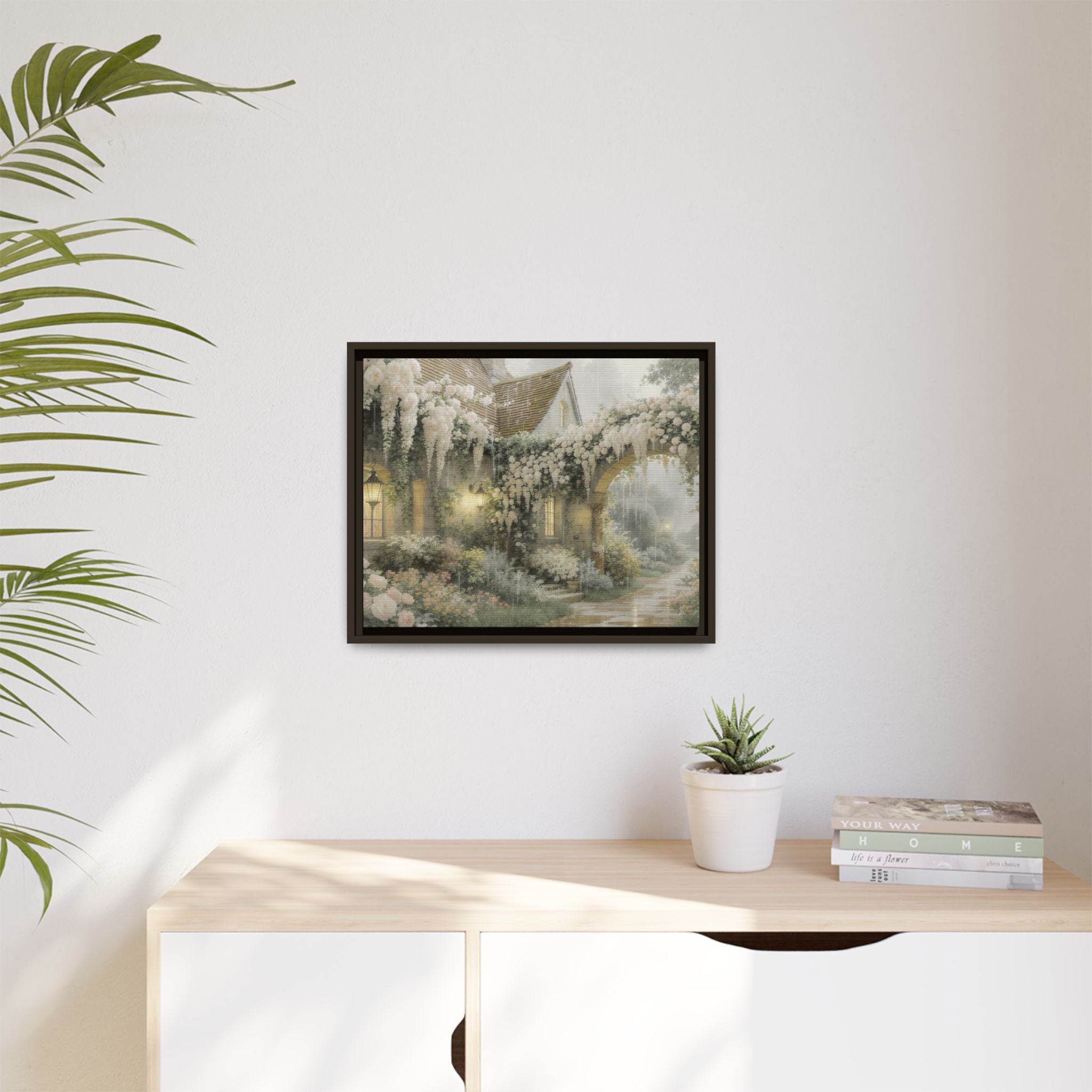 Framed Matte Canvas Print – Cottage Garden Pathway in Soft Floral Hues