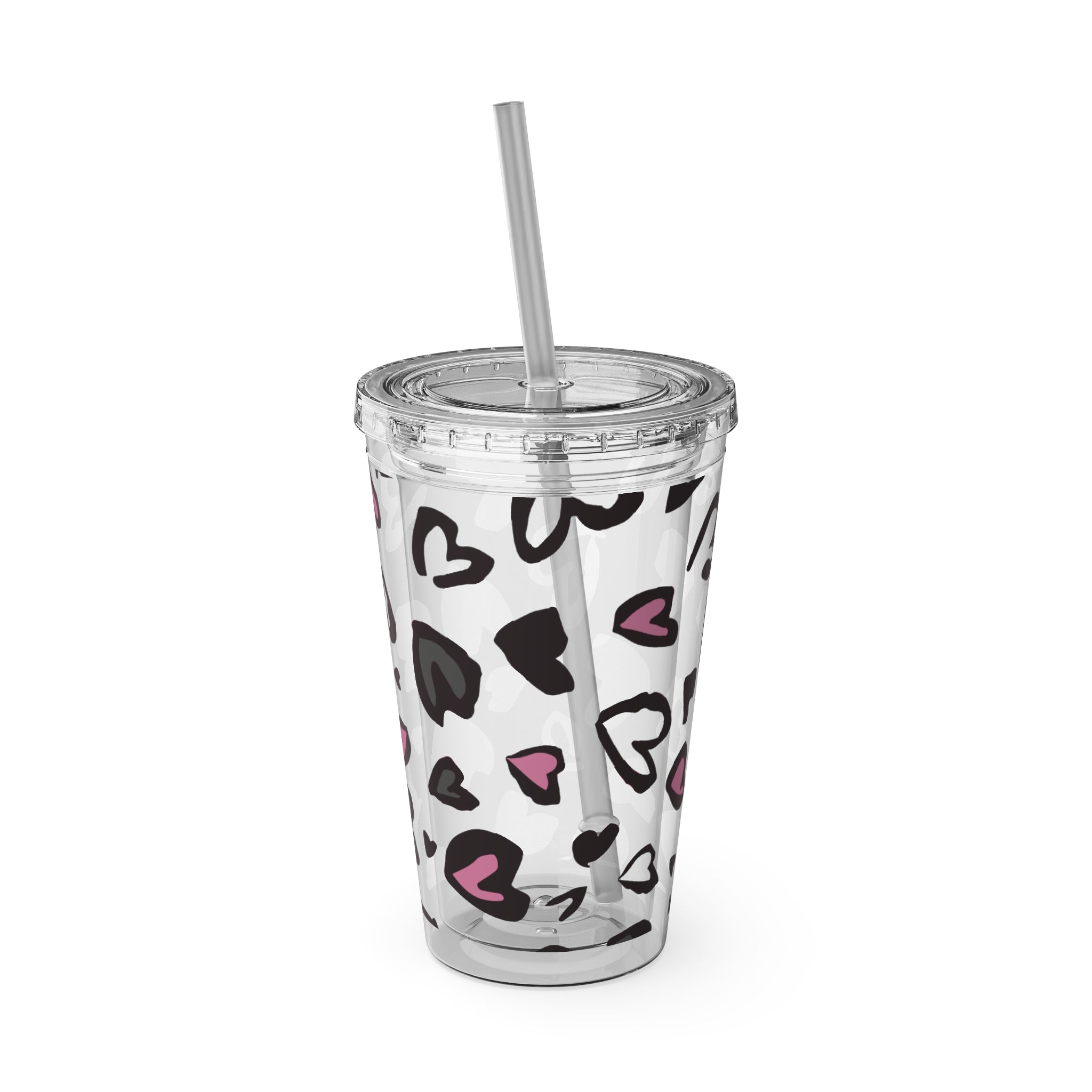 Heart Leopard 16oz Tumbler with Straw — Pink & Black Animal Print Cold Cup