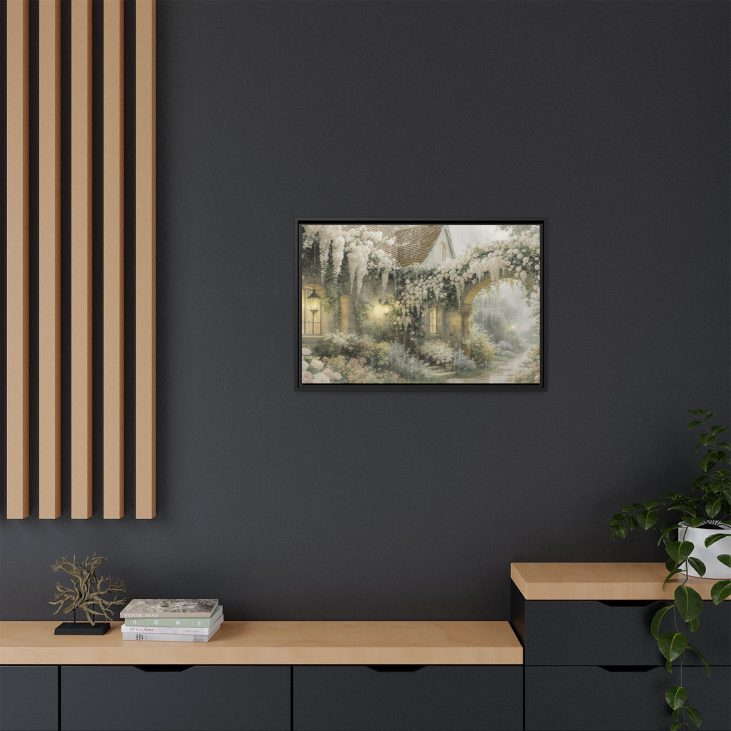 Framed Matte Canvas Print – Cottage Garden Pathway in Soft Floral Hues