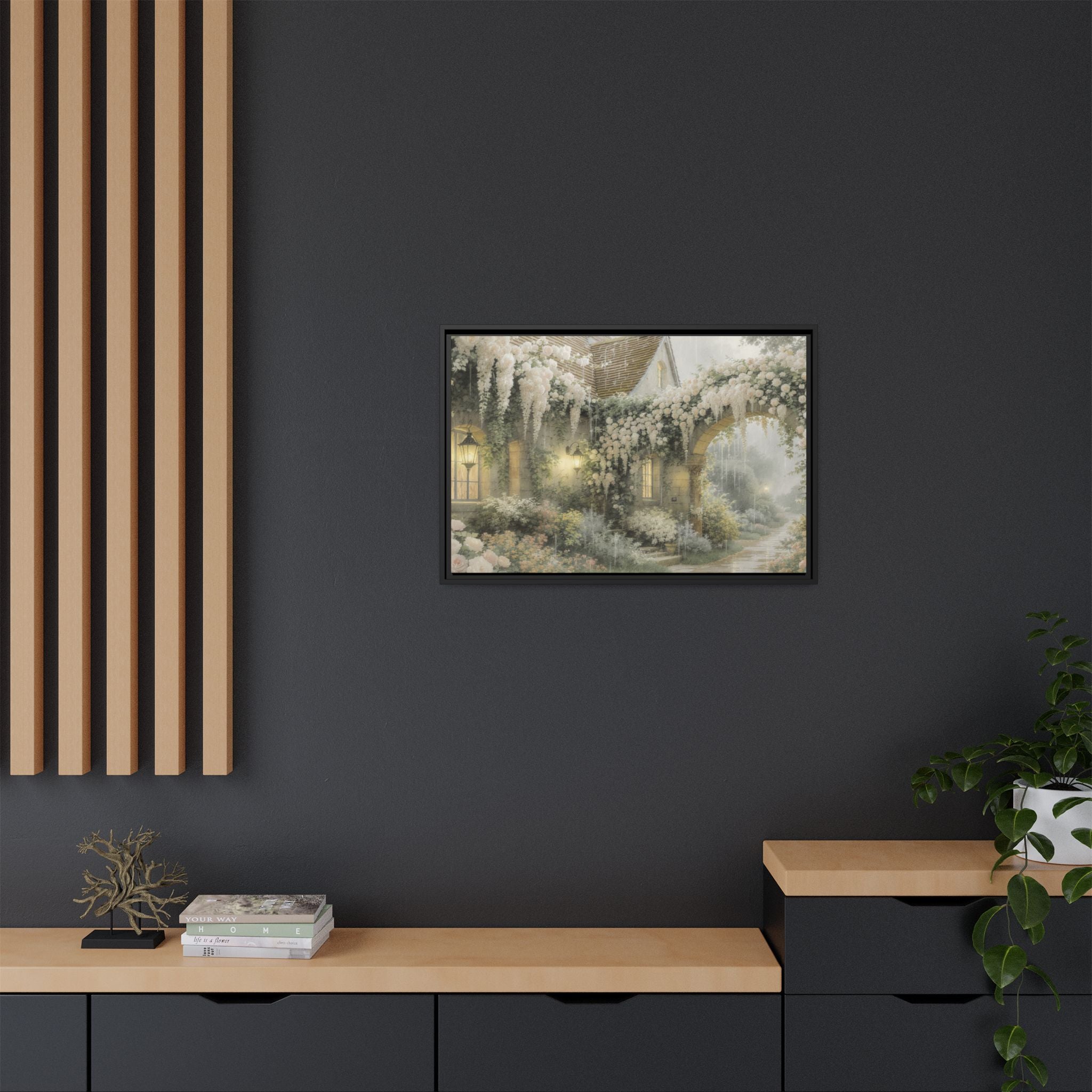Framed Matte Canvas Print – Cottage Garden Pathway in Soft Floral Hues