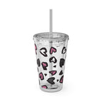 Heart Leopard 16oz Tumbler with Straw — Pink & Black Animal Print Cold Cup